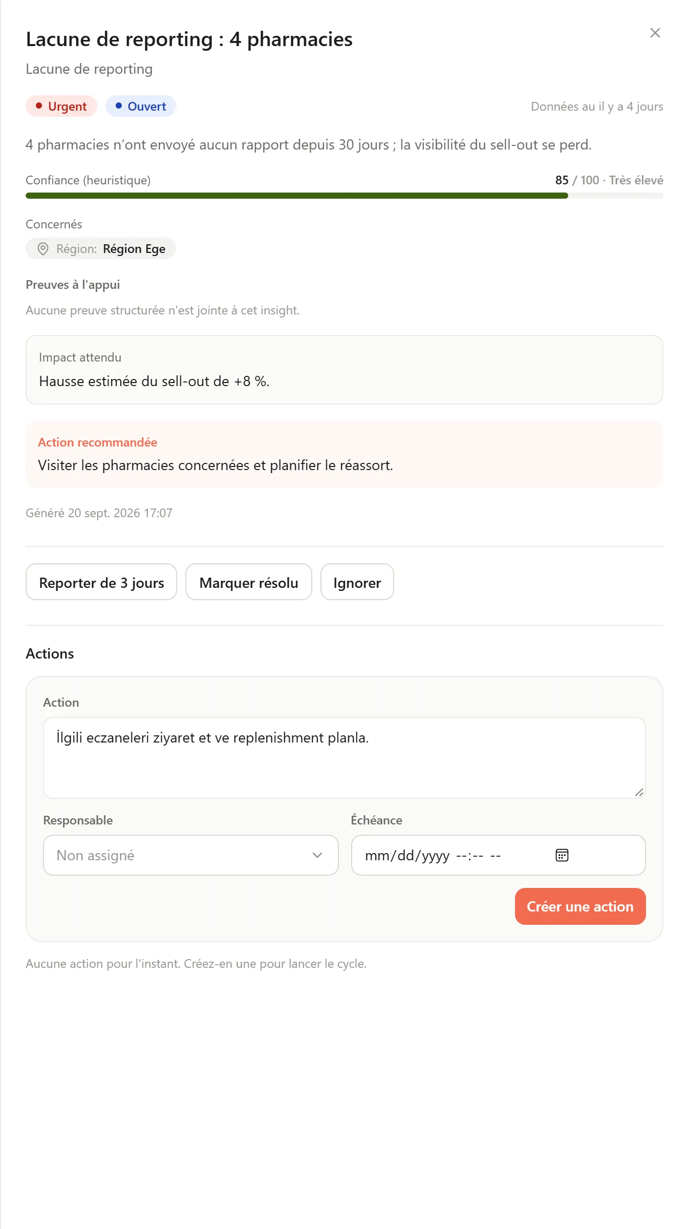 Panneau de revue d’un insight : jauge de confiance, résumé des preuves et impact avant-après de l’action