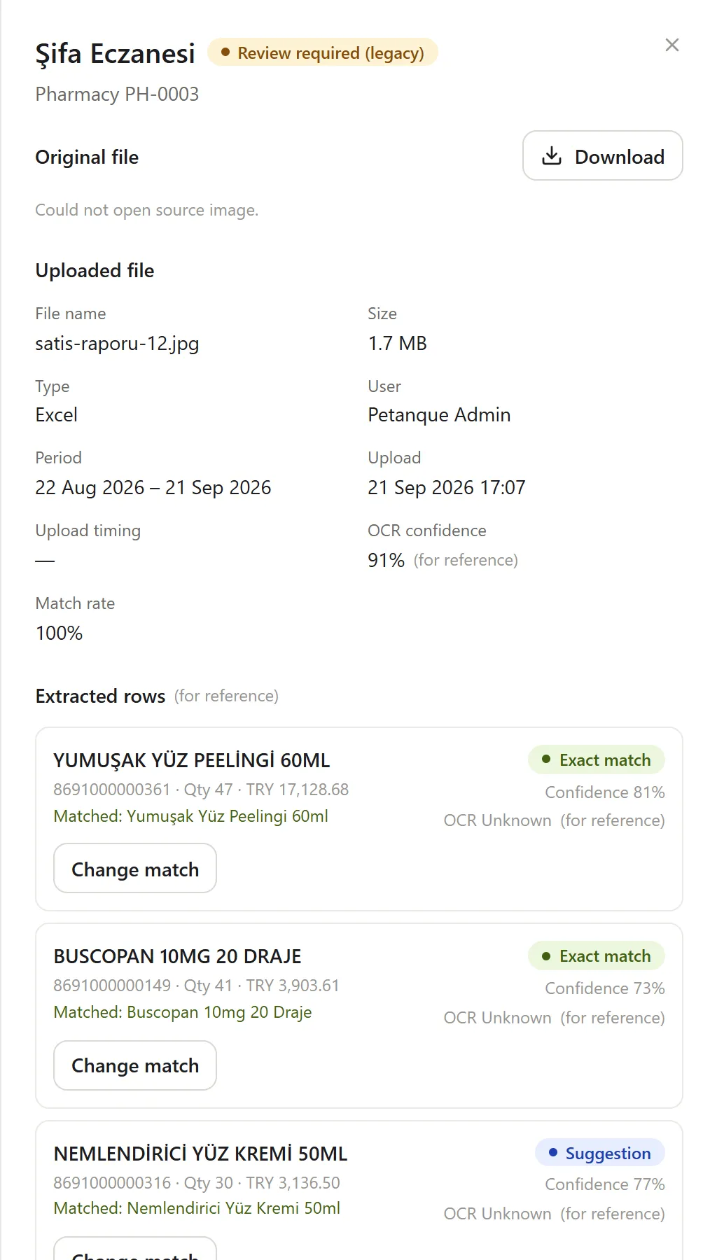 Report review panel: the lines read from a receipt and each one’s barcode match status