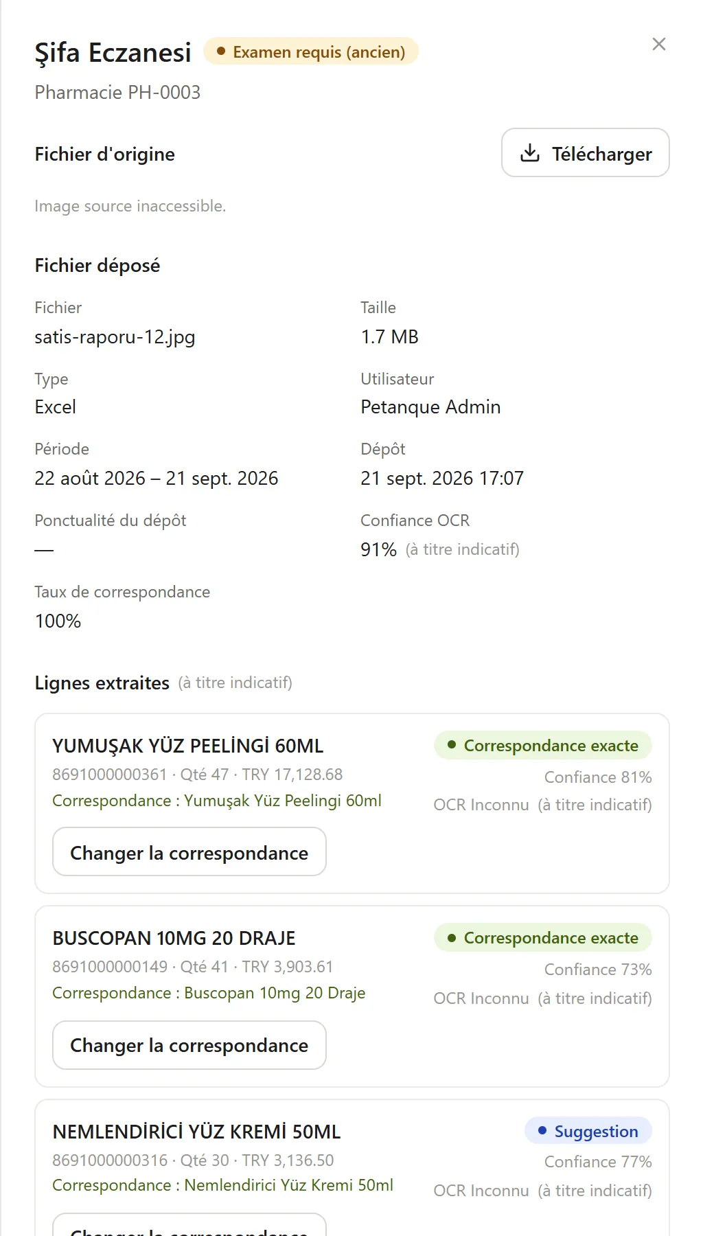 Panneau de revue d’un relevé : lignes lues sur le ticket et statut de rattachement par code-barres