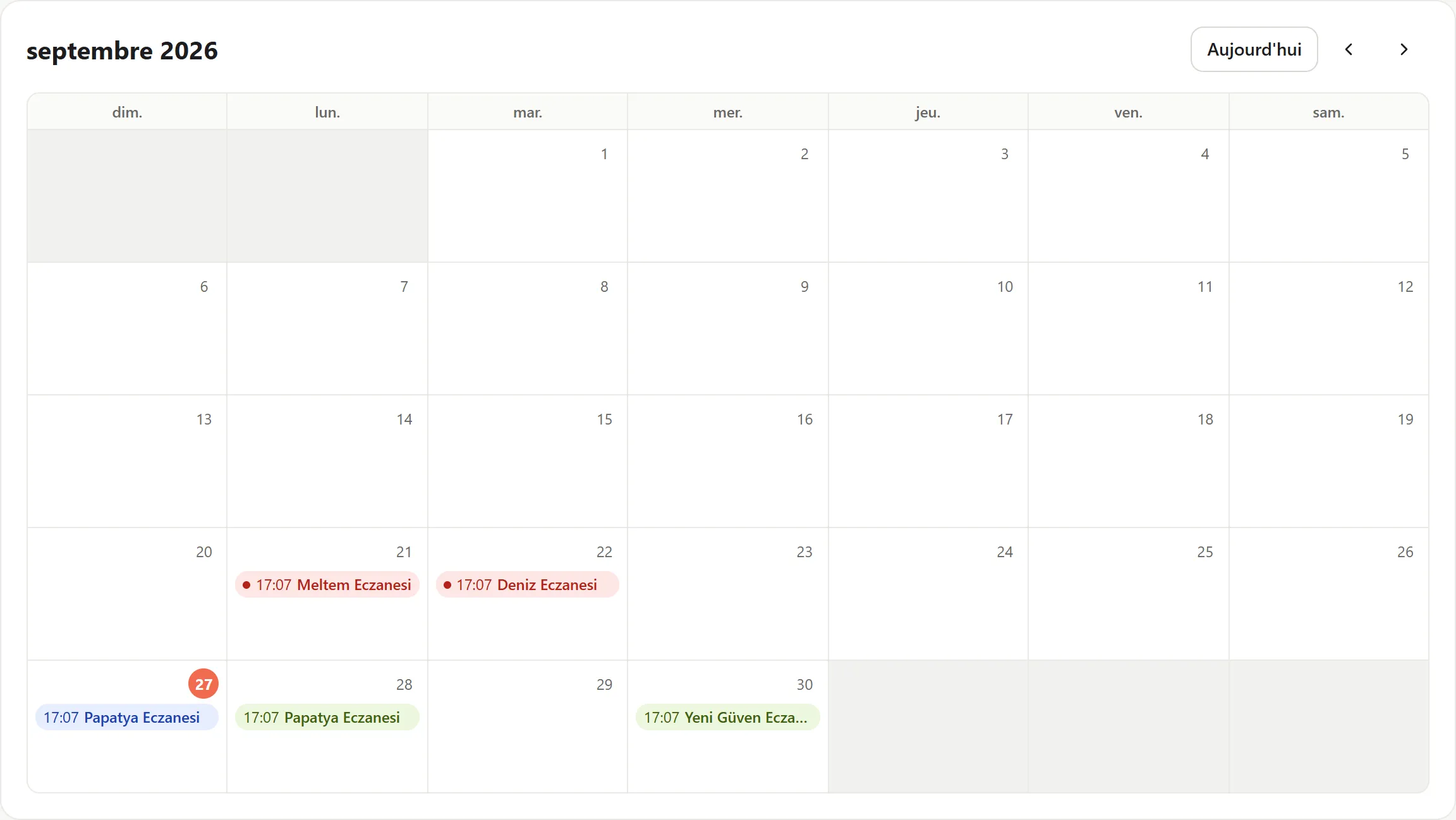 Écran des visites terrain : calendrier mensuel des visites